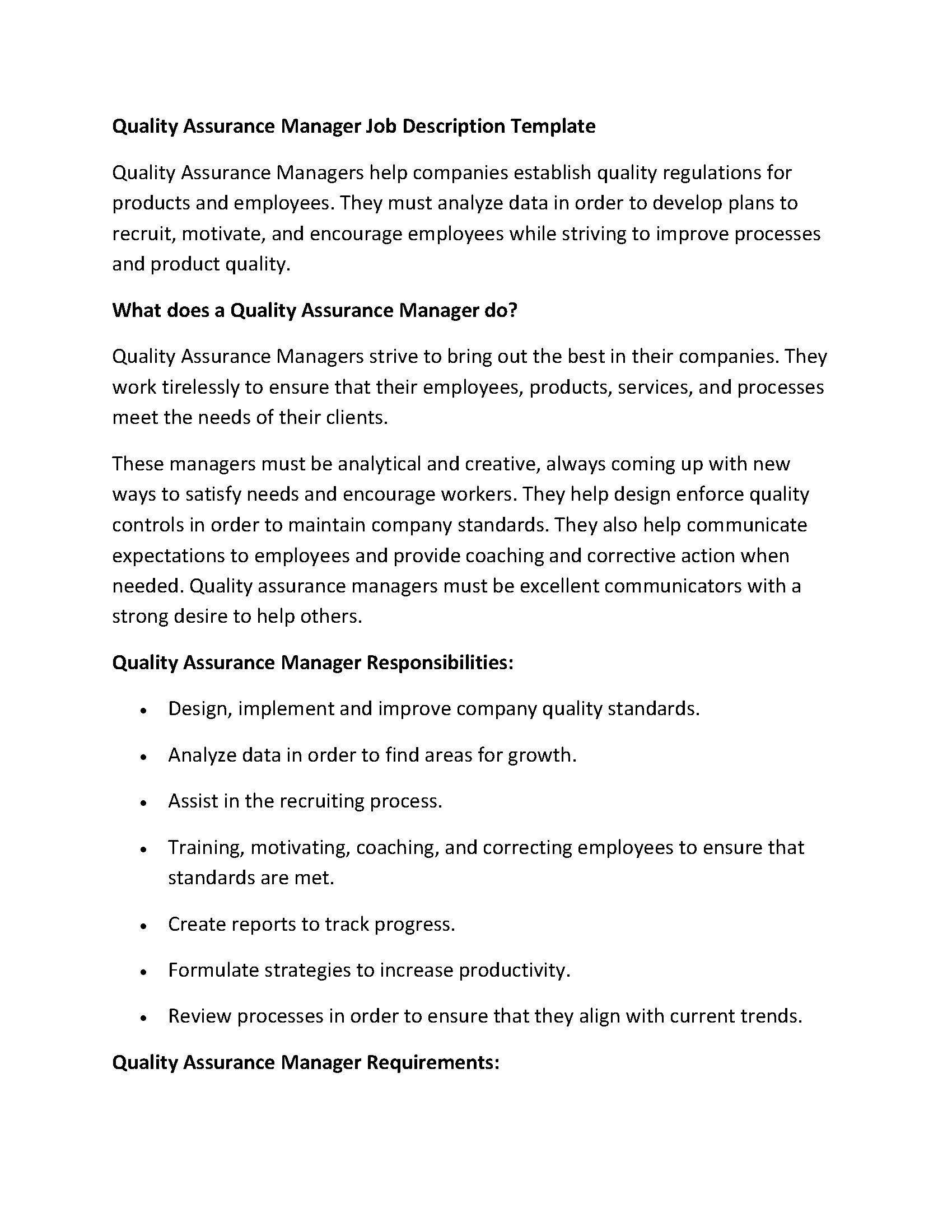 Quality Assurance Manager Job Description Template
